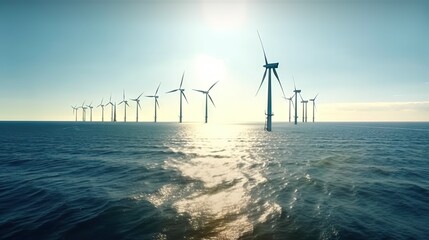 Offshore Windmill farm in the ocean, windmills isolated at sea on a sunny day. Generative AI