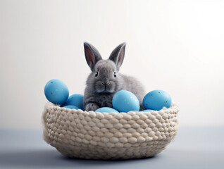 Fototapeta na wymiar Tranquil Delight: Bunny's Serene Nest of Blue Eggs on a Subdued Grey Background - Ai Picture