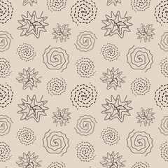 Seamless pattern with abstract twirls and spirals. Vector illustration of lines twisted in circle. Drawing of round dotted swirls and wavy whirls.