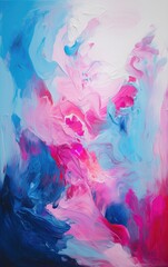 Pastel blue, magenta and cyan abstract paint splash on canvas. Generative AI. Vibrant flow of flat paint, scanned and layered.