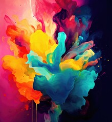 Flat Abstract paint splash on canvas. Generative AI. Extremely unique and vibrant flow of paint colour.