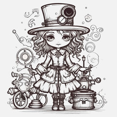cute cartoon female character, girl with curly hairstyle in hat, steampunk style, fantasy world, vixtorian dress, for coloring book or postcard