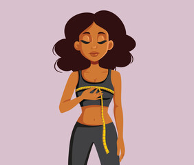 Disappointed Woman Measuring her Chest Area Vector Cartoon Illustration. Stressed girl suffering from body dysmorphia being unhappy in her own body
