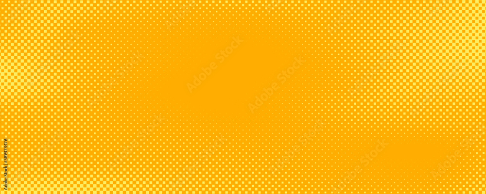 Poster Yellow orange square halftone pattern. Retro comic gradient background. Square pixilated dot cartoon texture. Pop art faded gradient pattern. Vector illustration.
