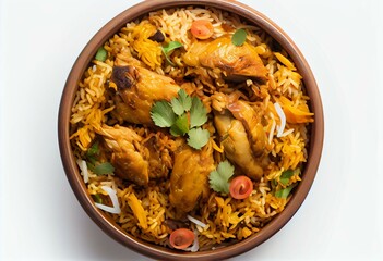 Chicken Kabsa or Chicken biryani isolated on white background. Kabsa is traditional saudi arabian cuisine dish. It cooks with basmati rice, chicken, spices, tomatoes, nuts, raisins.. Generative AI
