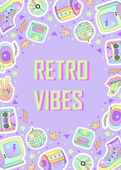 Template with retro objects for invitation, poster, advertising. 90s vibes. Space for text. Vector illustration.