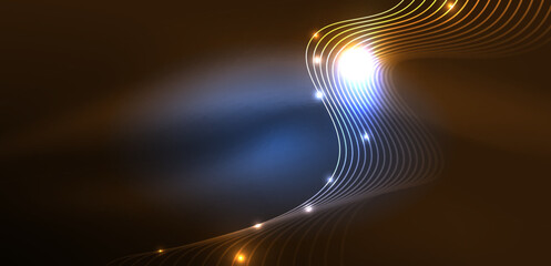 Shiny glowing neon wave. Neon light or laser show, electric impulse, power lines, techno quantum energy impulse, magic glowing dynamic lines