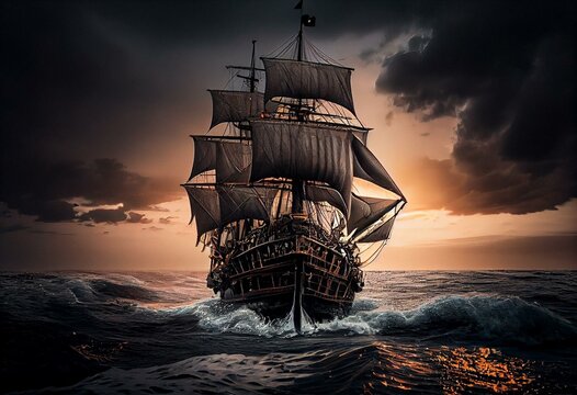 Pirate ship sailing at storm on the sea. Generative AI