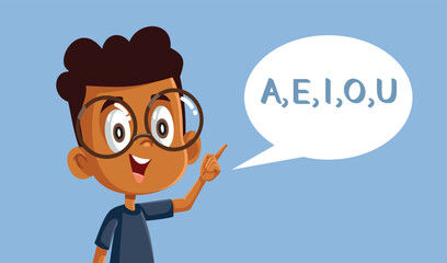 School Boy Pronounces the Vowels Vector Cartoon Illustration. Cheerful child speaking enumerating sounds 
