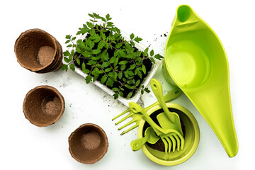 peat pots, tomato seedlings, gardening tools, watering can with water on the table