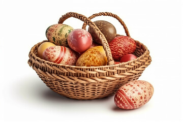 Realistic easter eggs in basket created with Generative AI