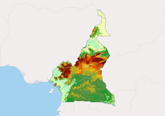 High detailed vector Cameroon physical map, topographic map of Cameroon on white with rivers, lakes and neighbouring countries. 