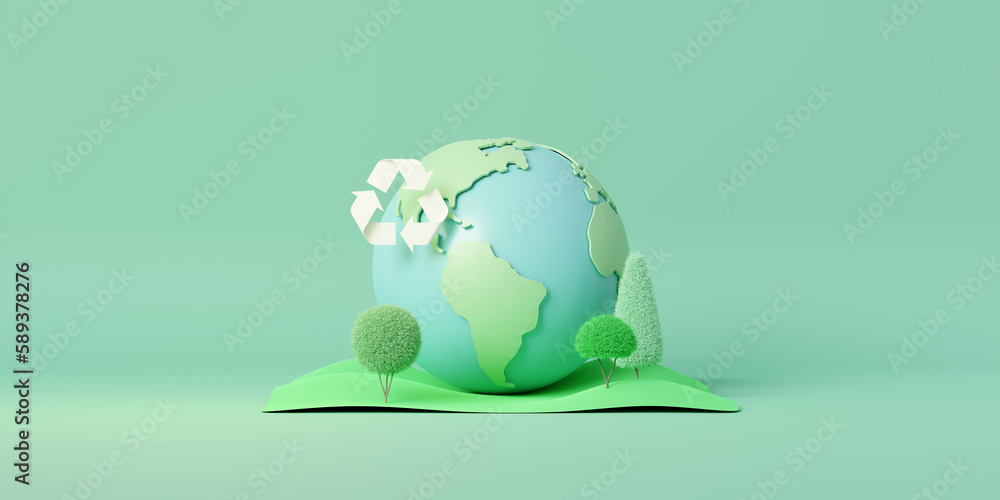 Aufkleber 3D Earth with Recycle symbol. World environment and earth day concept. Minimal scene for mockup design. 3D rendering illustration.