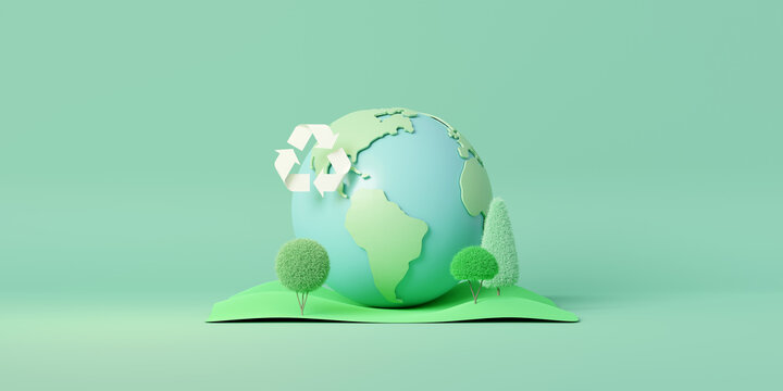 3D Earth with Recycle symbol. World environment and earth day concept. Minimal scene for mockup design. 3D rendering illustration.