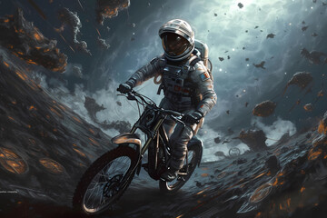 Fototapeta na wymiar An astronaut riding a bicycle through space. digital art illustration. generative AI