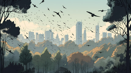 birds flying over a city park, with a mix of trees. digital art illustration. generative AI