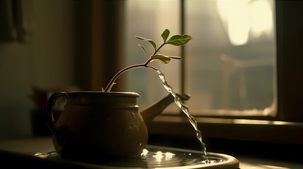 Watering Plants A Lone Plant on Window Background, Made with Generative AI