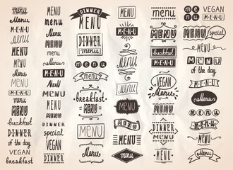 Menu elements and titles, handwriting lettering menu graphic set