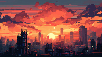 dramatic orange sunset over a city skyline. digital art illustration. generative AI