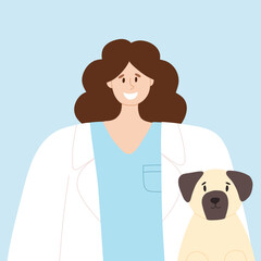 Happy veterinarian with a happy dog. Animal care vector illustration. Flat style. girl vet doctor. World Veterinary Day.