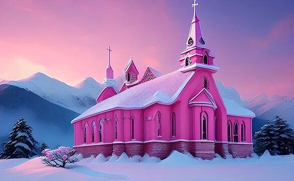A pink church on the top of snow mountain created by generative AI