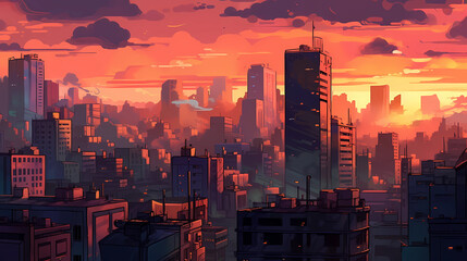 orange  city skyline in the afternoon. digital art illustration. generative AI - obrazy, fototapety, plakaty