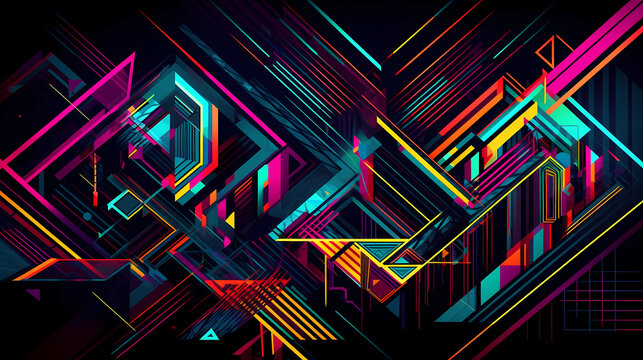 neon colors in geometric shapes background. digital art illustration. generative AI