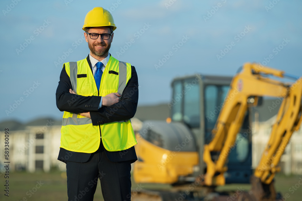 Wall mural engineer man at civil engineering wear helmet, copy space banner. photo of engineer man