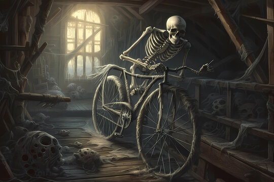 Skeleton Riding A Bicycle In Attic. Digital Art Illustration. Generative AI