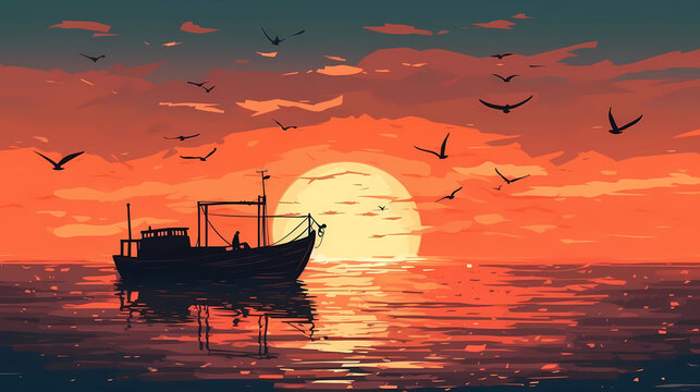 small boat in front of a sunset. digital art illustration. generative AI