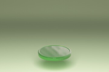 Green glass disk on a light mint background. Minimal scene. A podium for displaying products. 3d rendering