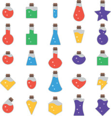 Set of colored potions in different bottles