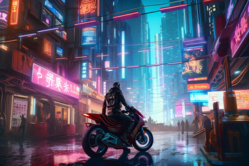 A masked man riding a motorcycle in the future. digital art illustration. generative AI