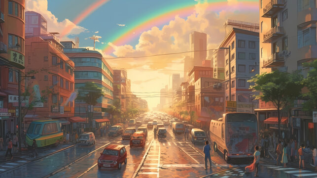 A vibrant rainbow over a bustling city street. digital art illustration. generative AI © Hatia