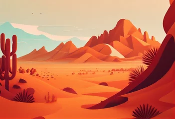 Vlies Fototapete Backstein Flat 2d, minimalistic desert. 4k wallpaper showing an orange desert with hills, mountains, sand, sky and clouds. Vintage landscape background. Generative AI
