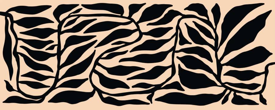 Abstract hand drawn pattern design illustration of branched tropical leaves. Simple contemporary style illustration design for fabric, print, cover, banner, paper and wallpaper media

