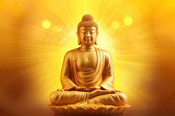 Buddha golden statue decorated with lotus blossoms, generative AI	