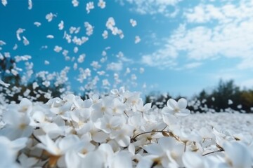 Obraz premium The white petals fall off with blurred clear blue sky and cloud
