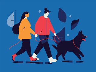 Blue Hues and Puppy Paws: A Colorful Narrative of a Dog-Walking Duo