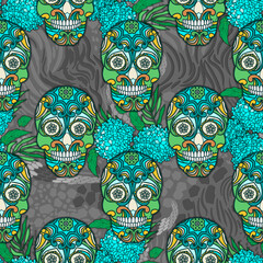Seamless texture . Tribal style, ethnic motives. Decorated skull against the background of the skin of an animal