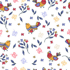 Vector floral ethnic seamless pattern in doodle style with flowers , leaves and birds. Gentle, spring, summer floral background.