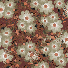 Vector floral ethnic seamless pattern in doodle style with flowers and leaves. Gentle, spring, summer floral background.