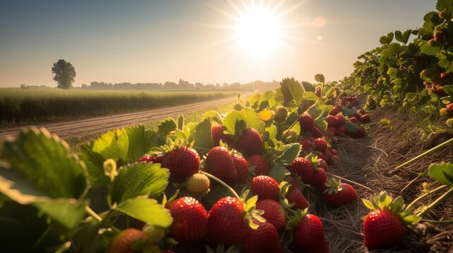 Sun-Kissed Strawberry Fields: Warm Tones, Glossy Texture, and Serene Atmosphere in a Bountiful Harvest