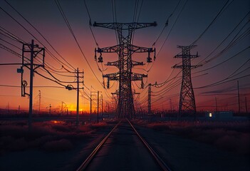 Fototapeta na wymiar electricity transmission cables at dusk. station for distributing power. Generative AI