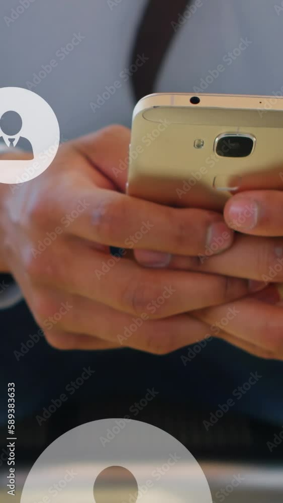 Poster Animation of user icons over midsection of caucasian man using smartphone
