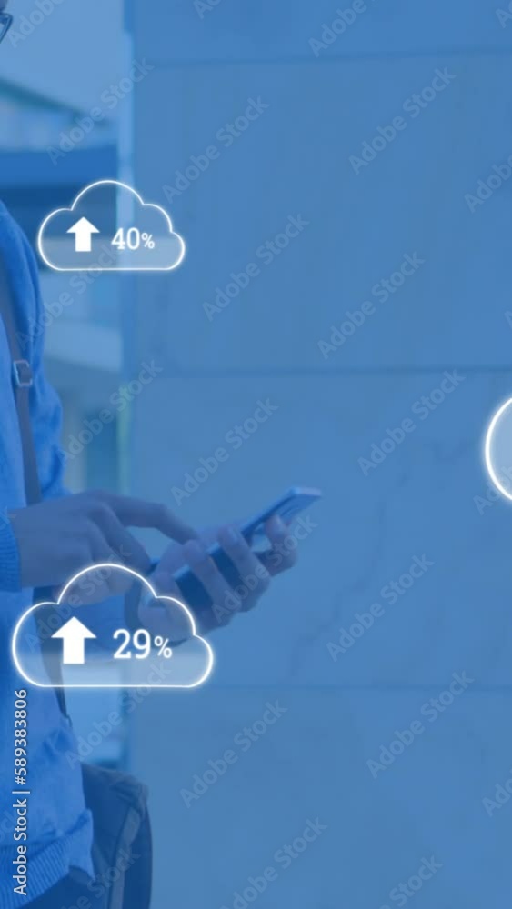 Poster Animation of clouds with arrows and percent going up over biracial man using smartphone