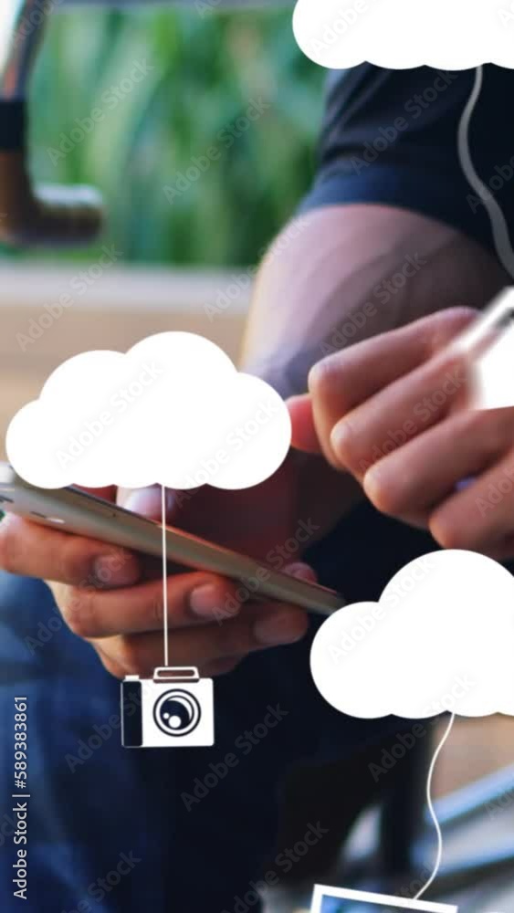 Poster animation of clouds with electronic devices over caucasian man using smartphone
