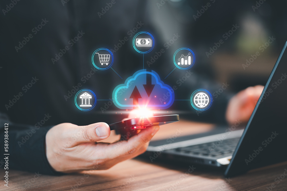 Poster Businessman use a smartphone and a laptop computer with cloud computing diagram show on hand. Business technology concept of Cloud computing, Data storage, Banking, Financial and shopping online.