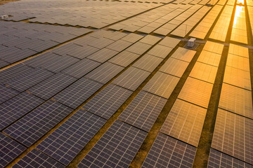 Aerial view of Solar panel, photovoltaic, alternative electricity source - concept of sustainable resources on a sunny day, Phuoc Diem, Ninh Thuan, Vietnam
