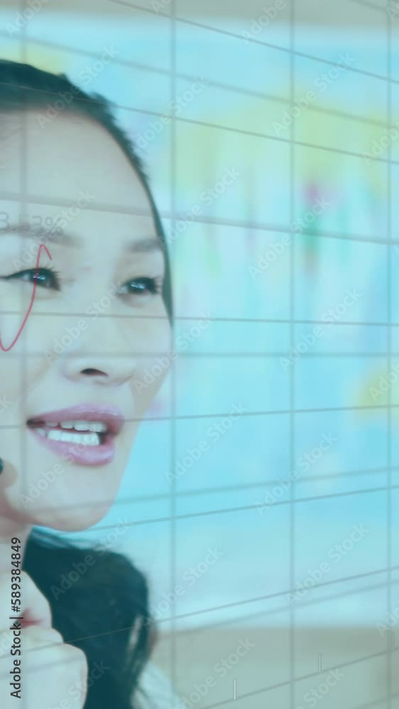 Poster Animation of statistics and data processing over asian businesswoman using phone headset